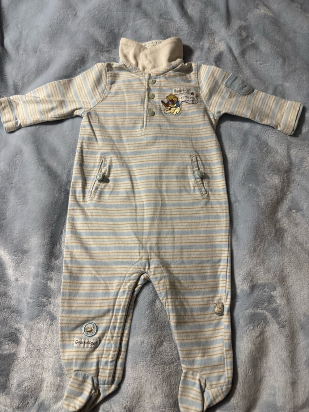 Vintage Walt Disney Winnie the Pooh Light Blue and Cream Footed One-Piece